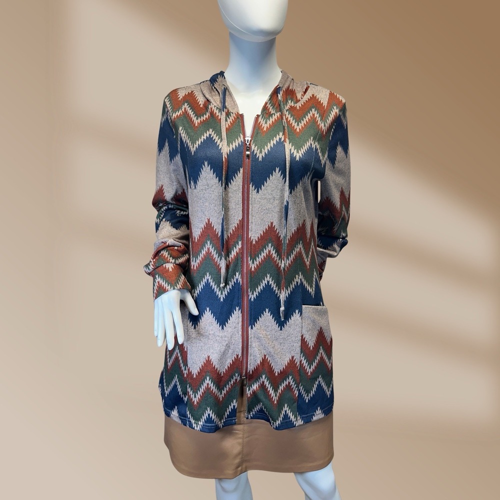 Miusey Ladies Aztec Southwestern Pattern Zip Up Hooded Jacket Sweater Sz Med